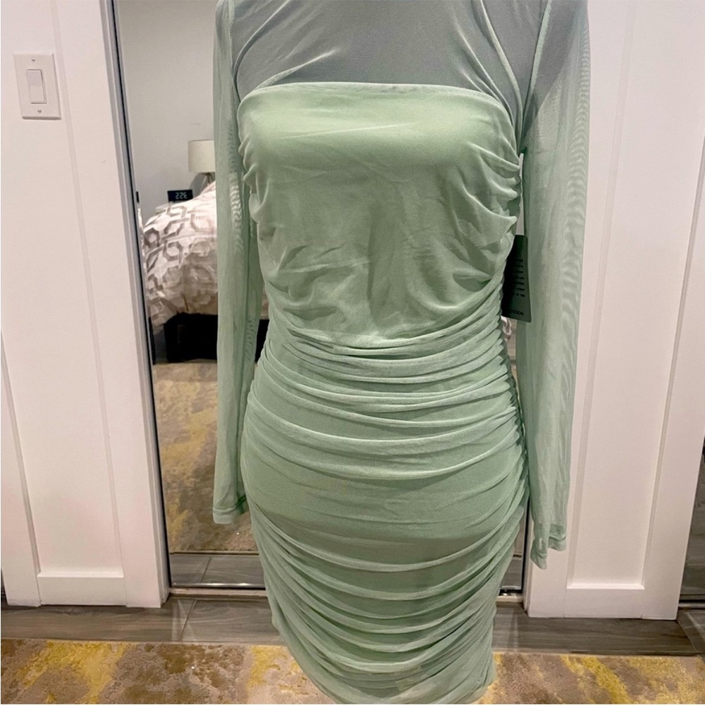 Nordstrom Sage Long Sleeve Mesh Midi Dress- New!